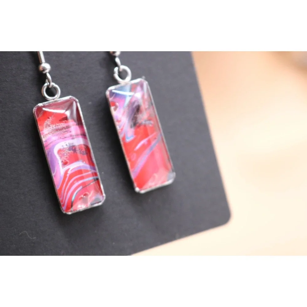 Handmade Earrings-Stainless Steel-Glass-Paint Drip-Paint Pour-Fluid Art